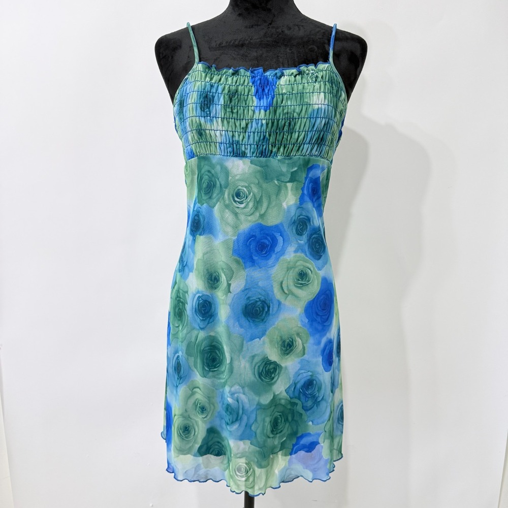 Vintage Y2K Floral Mesh Dress Womens Size M Blue Green Smocked Cottage Fairy